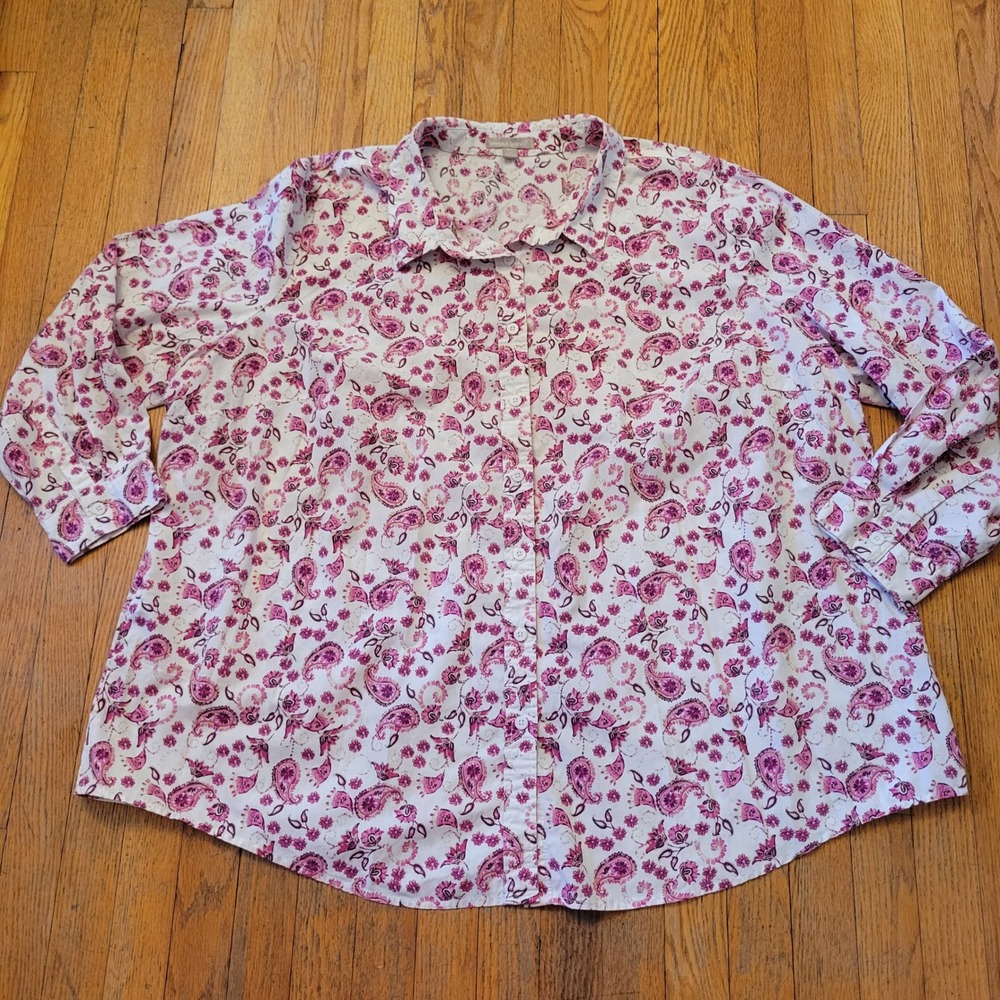 Woman Within 3X Blouse Pink White Paisley Floral Long Sleeve Button Up 30/32